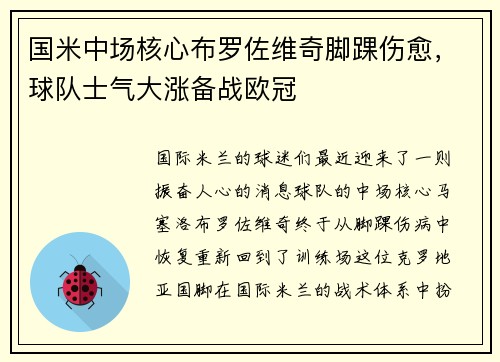 国米中场核心布罗佐维奇脚踝伤愈，球队士气大涨备战欧冠