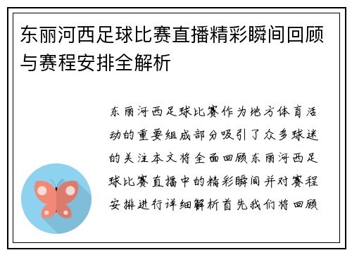 东丽河西足球比赛直播精彩瞬间回顾与赛程安排全解析